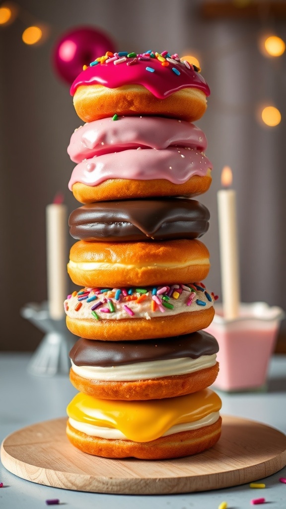 A 6-layer donut tower with assorted donuts, colorful icing, and sprinkles, displayed on a cake board.